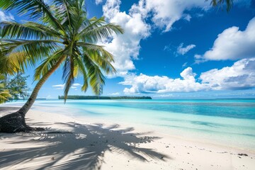 A summer scene of golden sands and palm trees over a turquoise sea and blue sky with white clouds in a tropical golden beach.