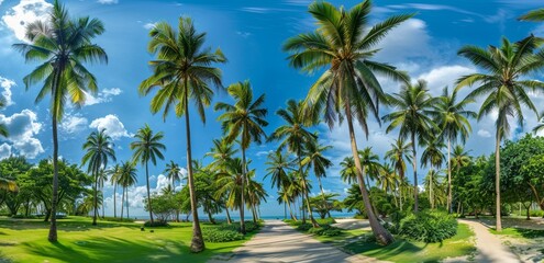 Fototapeta premium During a summer sunny day, a tropical park with tall palm trees is surrounded by a bright blue sky.