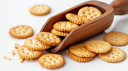 Cracker biscuits separated in wooden scoop on white backdrop