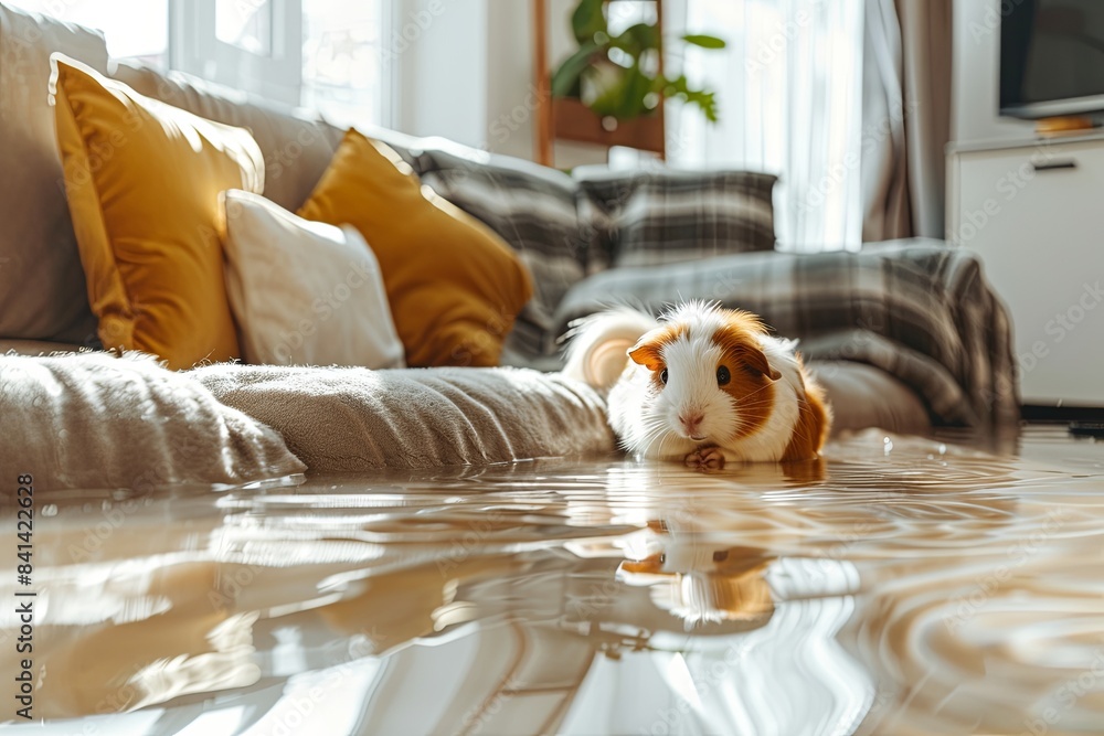 Sticker Flooded floor in living room from water leak, Guinea pig on sofa. Damage , Property insurance concept