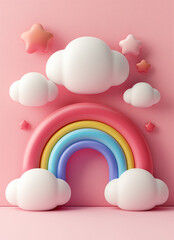 Cute cartoon rainbow with clouds on pink background, isometric view, soft lighting, neutral colors, minimal details, simple shapes
