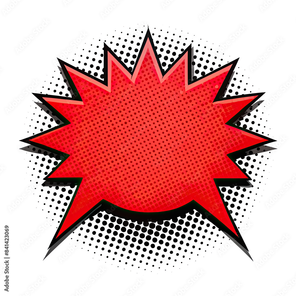 Poster red comic book style speech bubble with a starburst shape and halftone pattern. generative ai