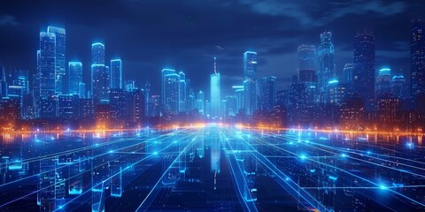 Fototapeta premium Blue glowing line drawing of the Cities and streets at night, technology and digital elements in a dark blue background. transparent technology sense. Generative AI.