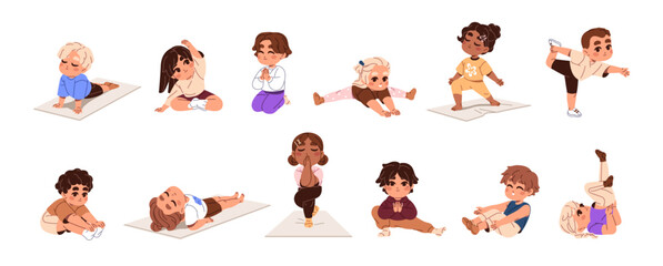 Cute children do physical exercises set. Happy kids stretching, practice yoga poses, asanas. Different little boys and girls training, do sport. Flat isolated vector illustrations on white background