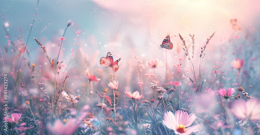 Poster field on nature in spring summer with fluffy wild grasses and fluttering butterflies at sunset in ra