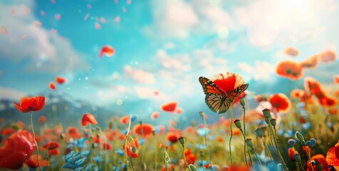 Obraz premium A beautiful red poppy flower and Monarch butterfly in nature in spring summer on a sunny day against the blue sky. Wide shot, close-up of wild poppy blooms.