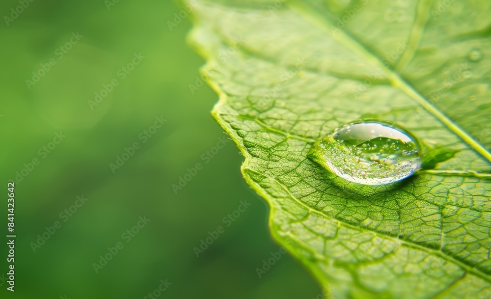 Poster this macro image shows the reflection of sunlight on a large drop of water or dew on a green leaf of