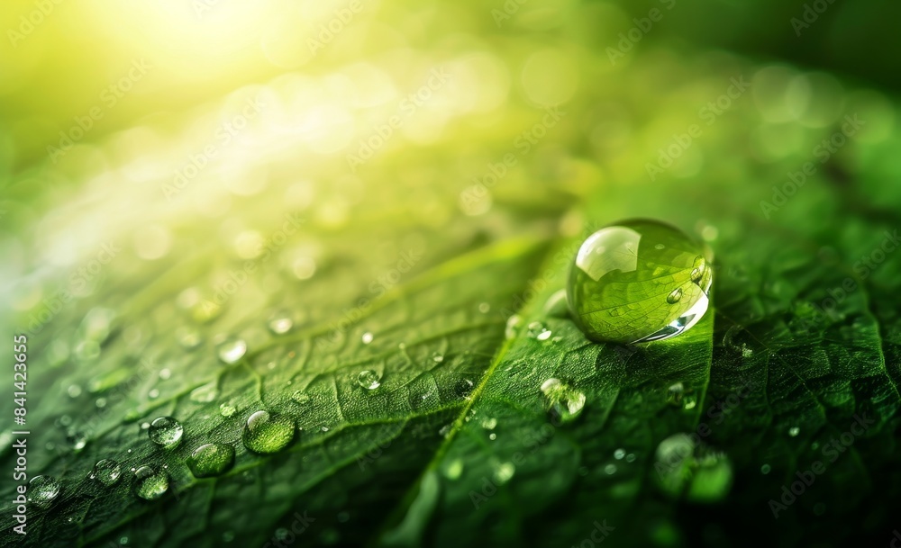 Poster an amazing macro image of a large drop of water reflected in a large drop of sunlight on a green lea