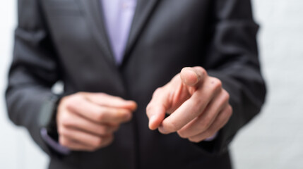 businessman touching an imaginary screen with clipping path isolated on white background