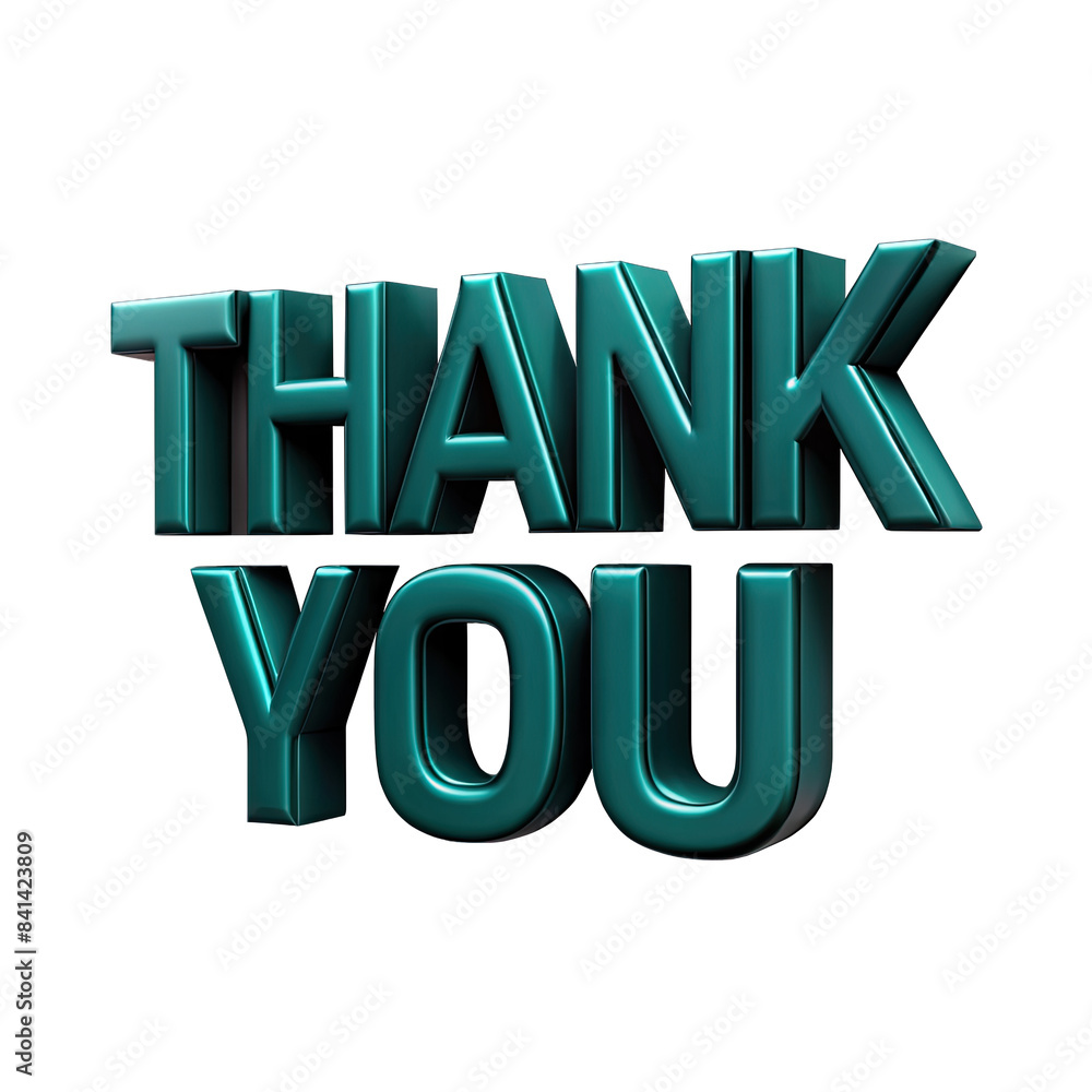 Poster a digital image of a 3d rendering of the words thank you in teal on a white background. the text is 