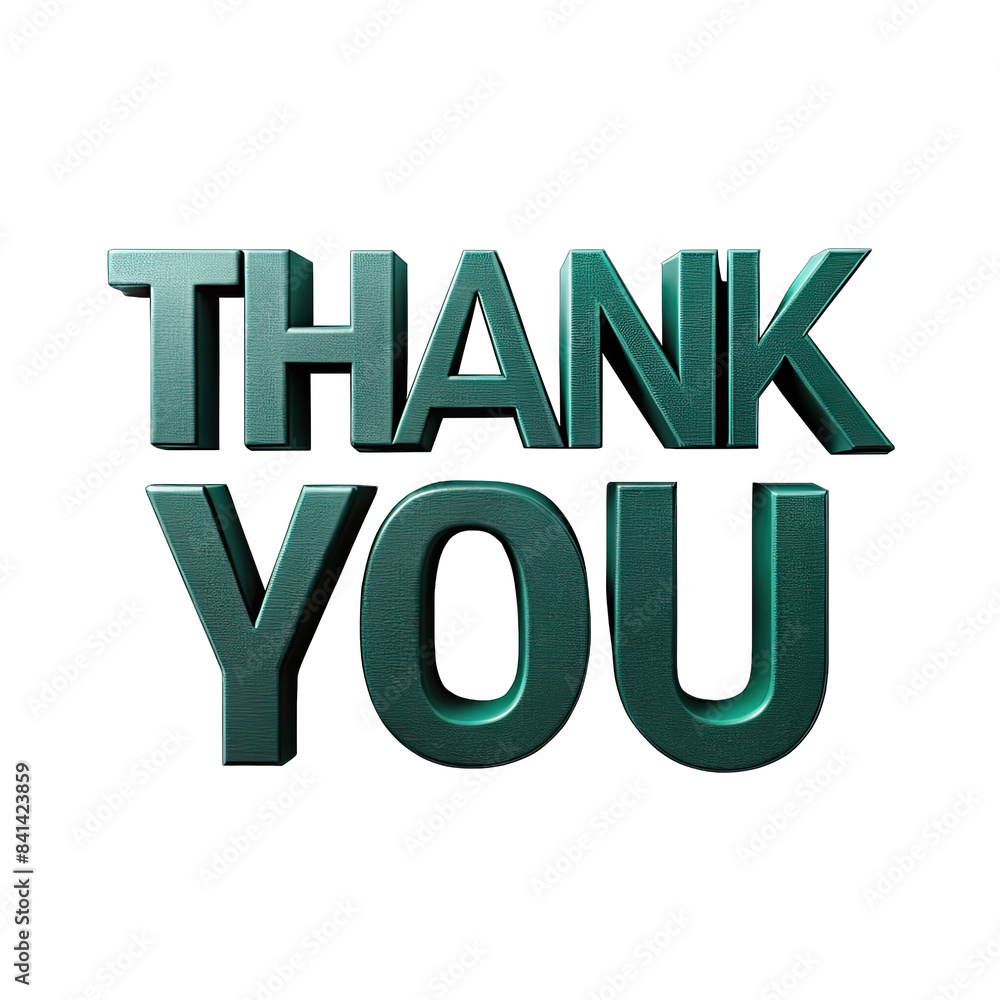 Poster a close-up of a 3d rendering of the text thank you in a green color, isolated against a white backgr