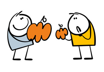 Two doodle gardeners demonstrate the harvest, show off pumpkins, and prepare for the autumn holiday. Vector illustration of the Halloween tradition. Isolated cartoon characters on white background.