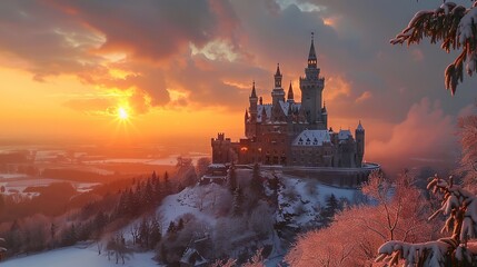Naklejka premium view of a castle at dawn