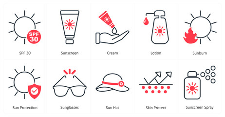 A set of 10 mix icons as spf 30, sunscreen, cream