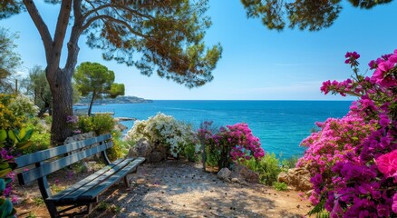 Stunning resort promenade with blooming blue skies and colorful oleanders.