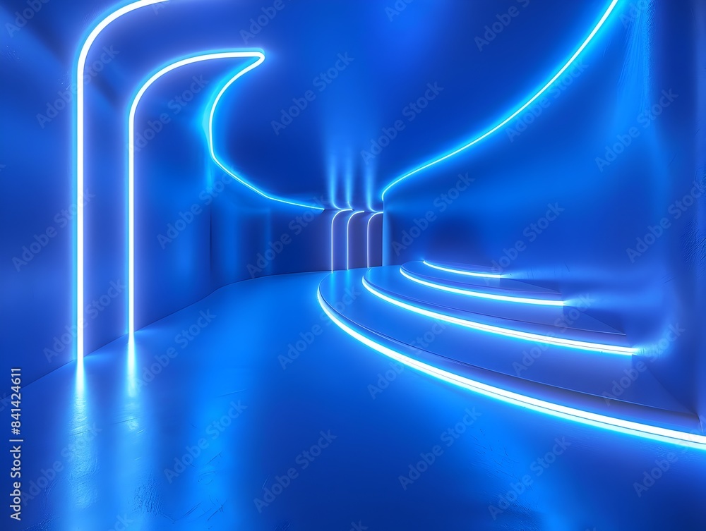 Poster neon blue backdrop with dynamic light streaks for futuristic presentation space or product display