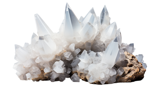 Close Up of Clear Quartz Crystal Cluster on Rock
