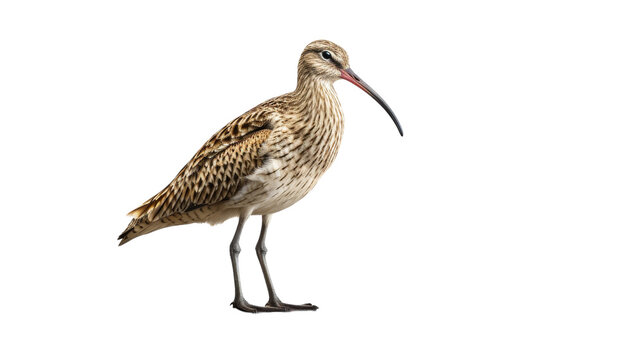 Realistic curlew bird illustration, brown speckled shorebird with long curved beak, wildlife animal graphic for nature design isolated on Transparent Background
