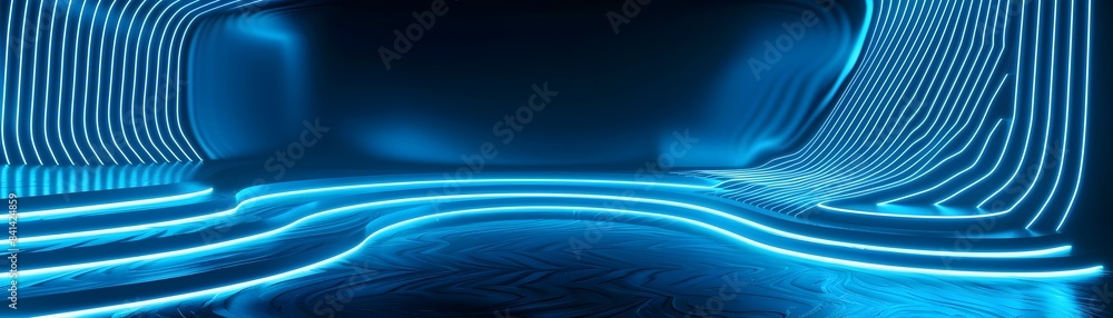 Poster neon cyan backdrop with swirling light patterns for futuristic product display