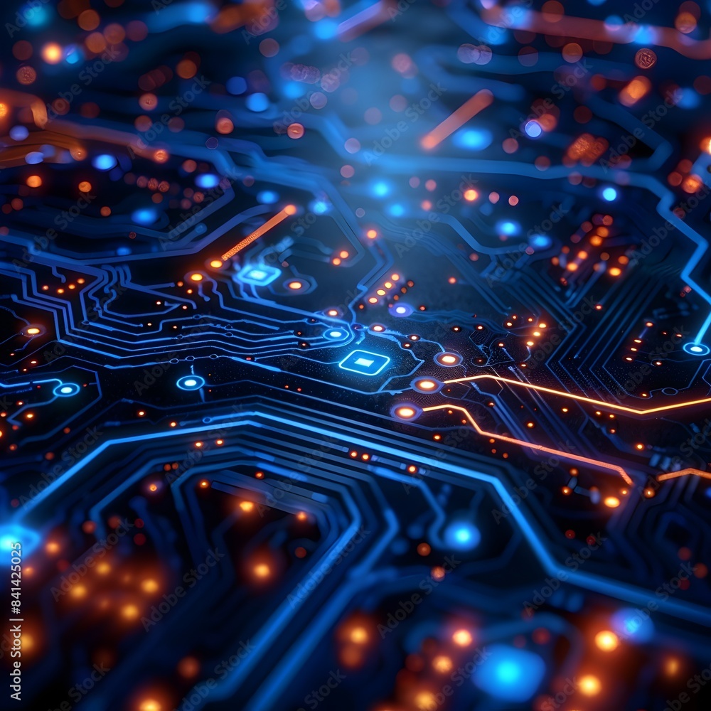 Poster neon blue circuits on dark background ideal tech and futuristic product display