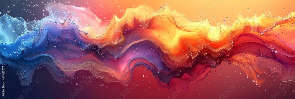 Poster vibrant abstract fluid art with dynamic patterns of red, orange, and blue, creating a mesmerizing vi