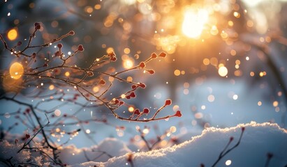 An amazing winter composition with snow-covered tree branches against the backdrop of light snowfall and snowdrifts.