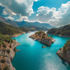 Obraz premium A beautiful scene of mountainous nature with bright summer sunshine, blue skies, high mountains, green hills, yellow rocks, and turquoise ponds.