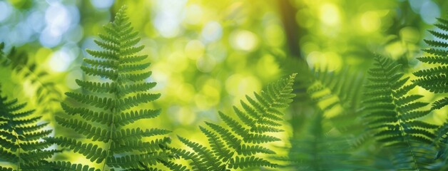 Vibrant Green Fern Leaves Closeup, Forest Sunlit Macro Photography, Shallow Depth of Field, Nature Inspired Detail, High Resolution Stock Image