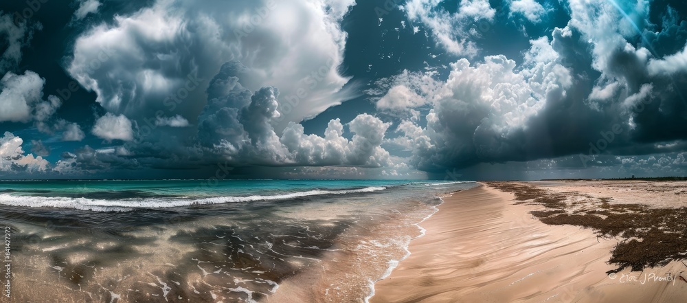 Poster widescreen image of nature on the mediterranean coast with rough seas and disturbing thunder clouds 
