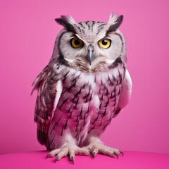Obraz premium A regal owl with striking yellow eyes stands on a bright pink surface. Its feathers are a blend of grey and white, creating a captivating contrast