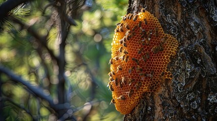 Honeycomb in the forest, Bees nesting at the tree