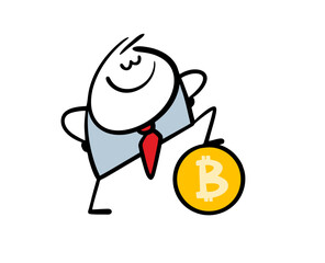 Successful, satisfied businessman put his foot on coin with bitcoin sign. Vector illustration of stickman has earned a lot of money on the Internet using cryptocurrency.Isolated on white background.