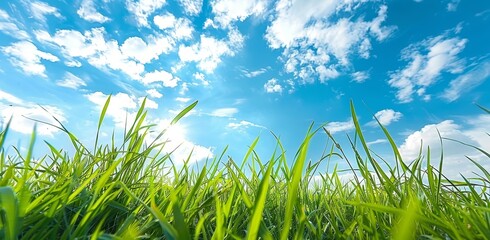 Fototapeta premium An endless green field surrounded by young grass and blue sky with white clouds in the spring. Natural spring summer scenery.
