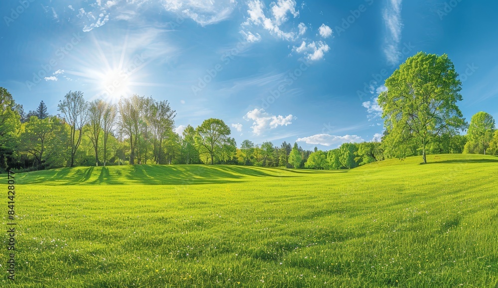 Poster spring summer nature image of a pristine country lawn surrounded by trees and shrubs on a sunny summ