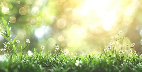 Fototapeta premium Macro image of young juicy green grass in sun-drenched summer spring morning.