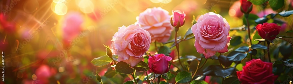 Poster a natural landscape shot with soft selective focus and bokeh of colorful multi-colored roses in the 