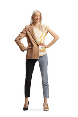 Fototapeta premium Woman dressed half in bussiness casual clothes