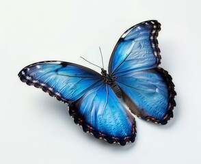 Isolated on white background, this blue butterfly has folded wings.