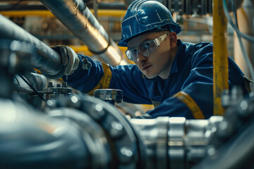 a man in a hard hat and goggles working on pipes