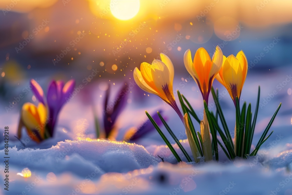 Poster yellow crocus on the snow in nature in the rays of sunlight close-up macro. generating artificial in
