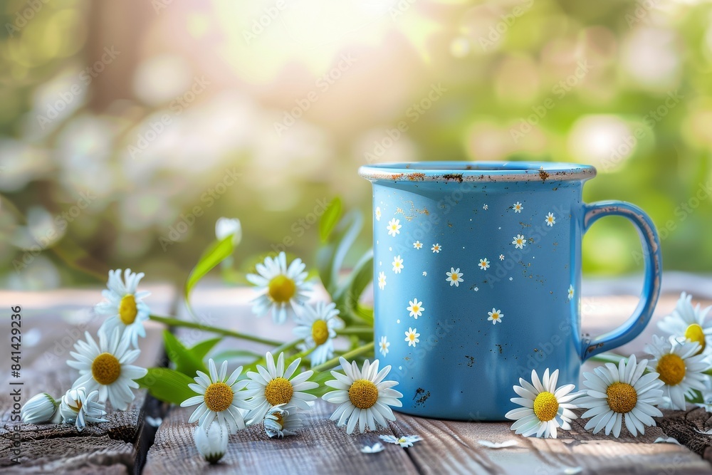Poster spring summer natural background with light blue mug surrounded by daisies on wooden platform. gener