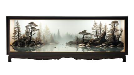 A Detailed Miniature Landscape Diorama With Foggy Lake, Trees, and Rocks