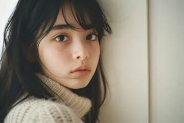 a young woman leaning against a wall with a sweater on