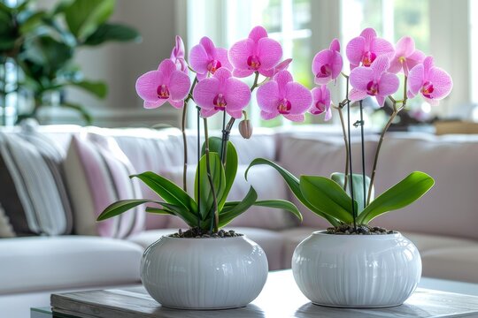 AI-generated pink archidea flowers in a home interior.