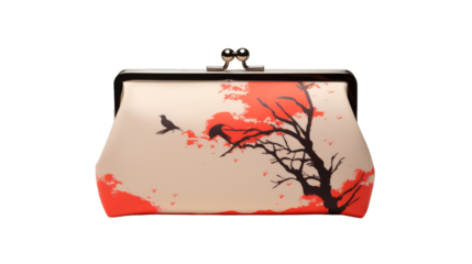 Beige Clutch Purse With Red Tree and Bird Design
