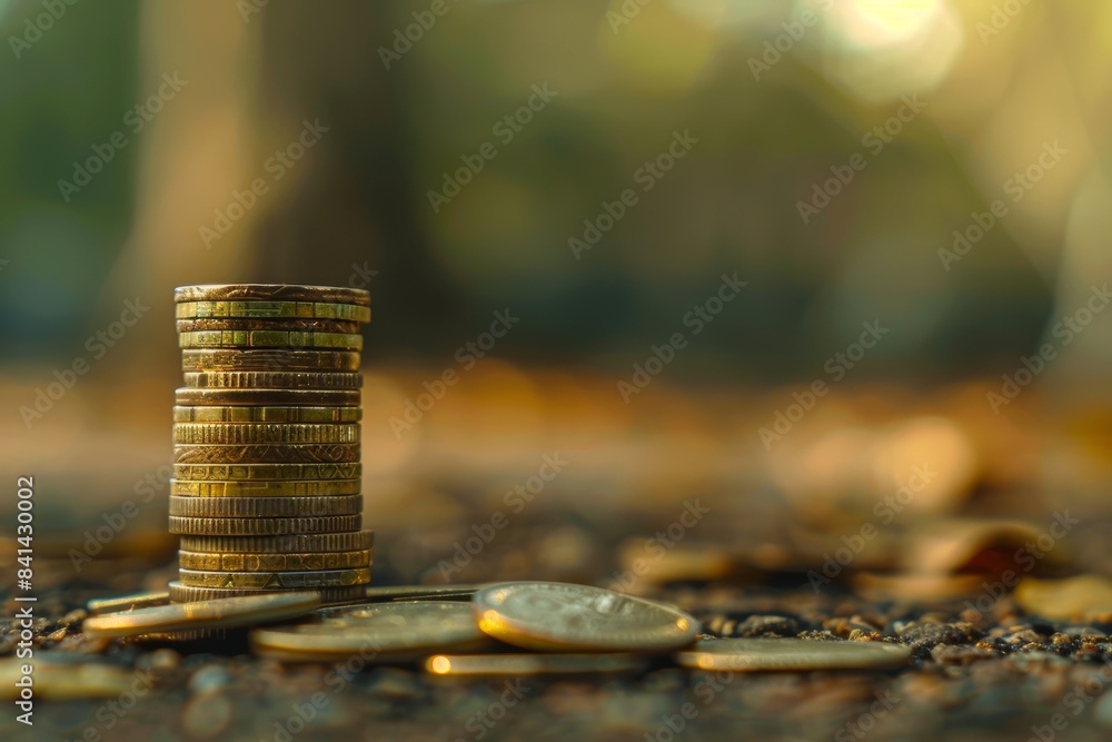 Poster the background is blurred, showing stacked coins. this is an ai-generated image.