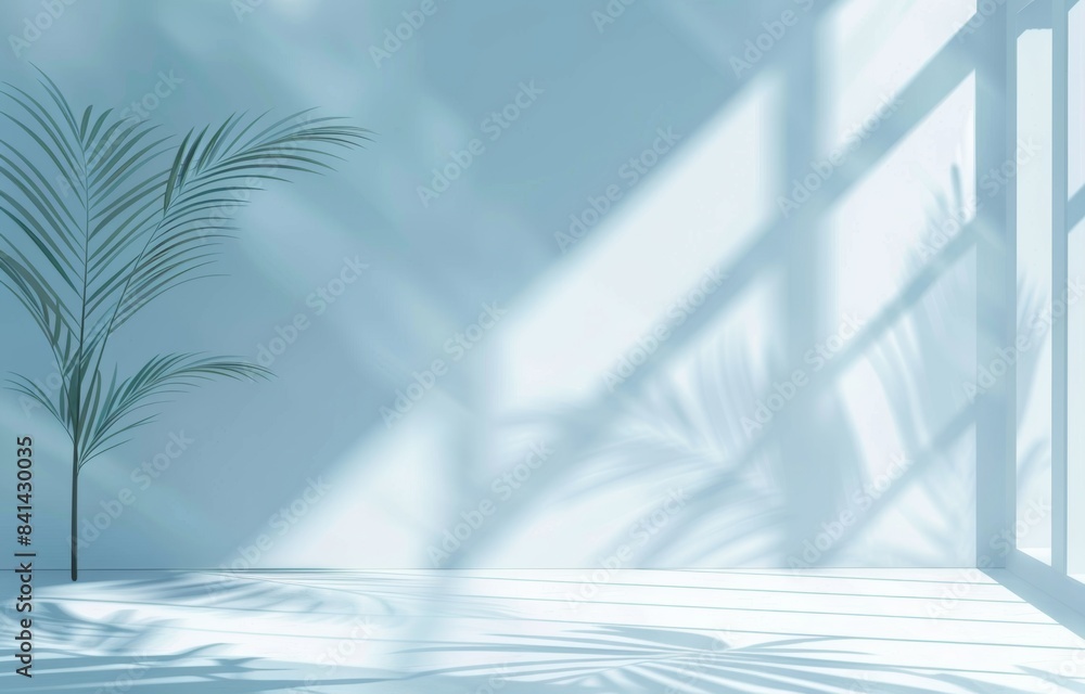 Poster an abstract background for a product presentation with a blurred shadow caused by palm leaves on a l