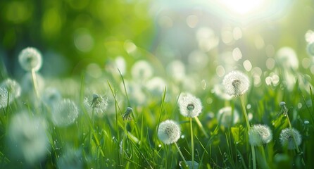A spring summer blurred background. Fresh grass and yellow dandelions adorn a meadow field with a soft blue sky.