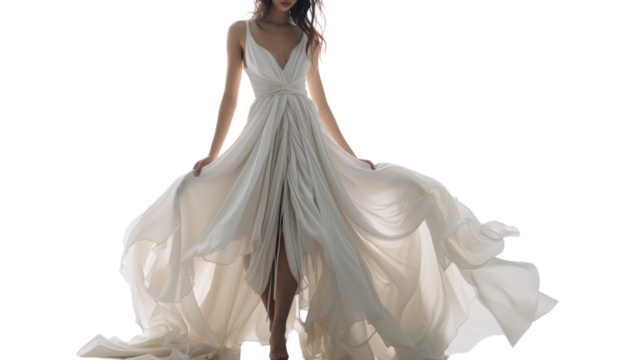 Woman Wearing White Flowing Dress Posing Against White Background - Powered by Adobe