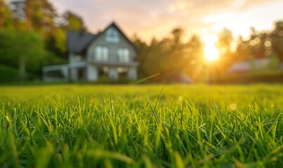 A blurred rural landscape with a house in spring summer sunset with green, juicy grass.